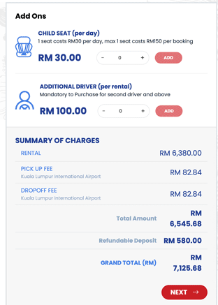 Add-ons and a summary of charges including fees, refundable deposit and grand total