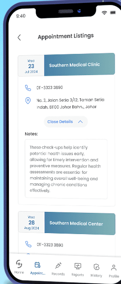Appointment listing with clinic name, date, contact number, address and notes