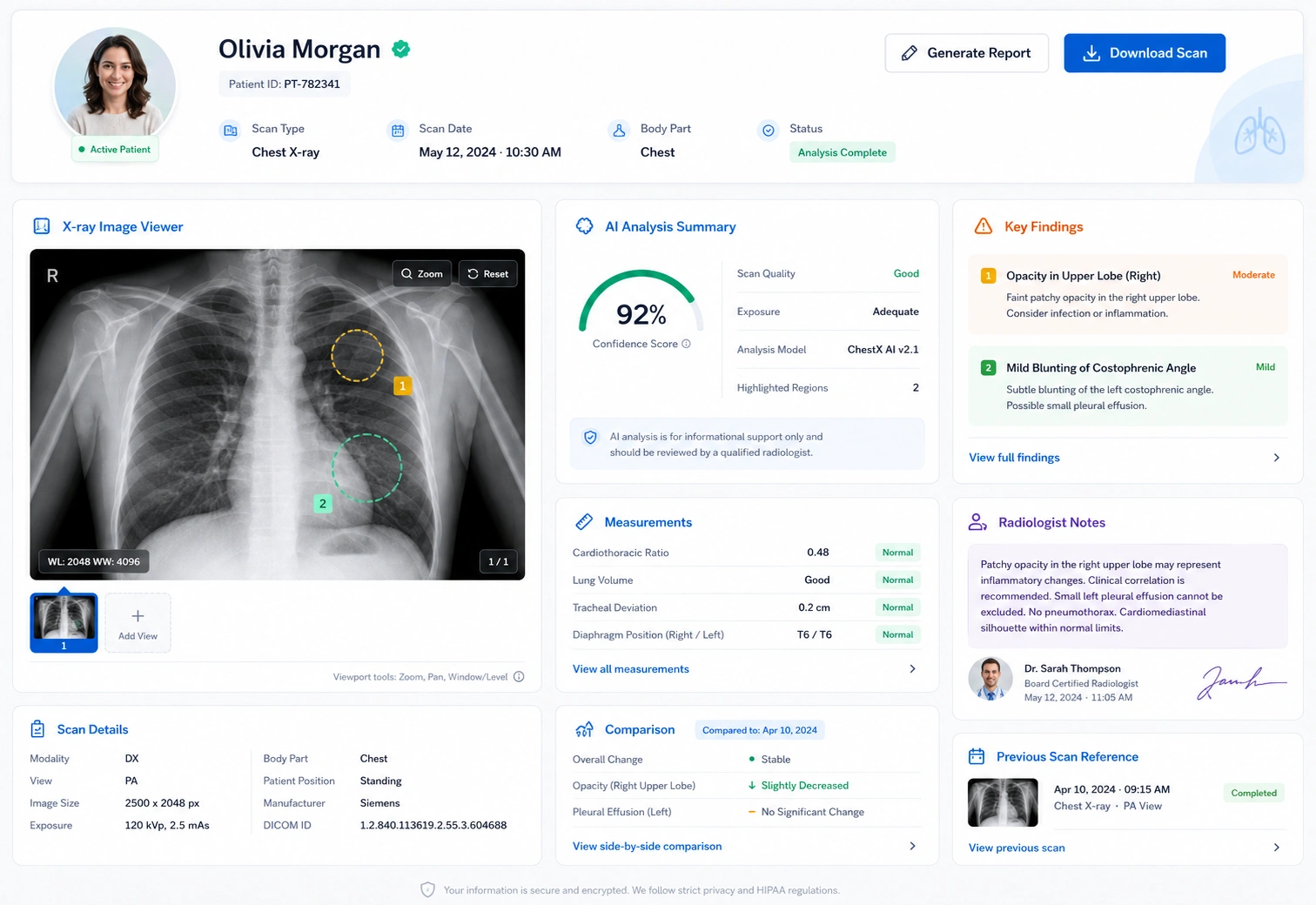 Medical history screen showing check-up notes, vitals and downloadable test reports
