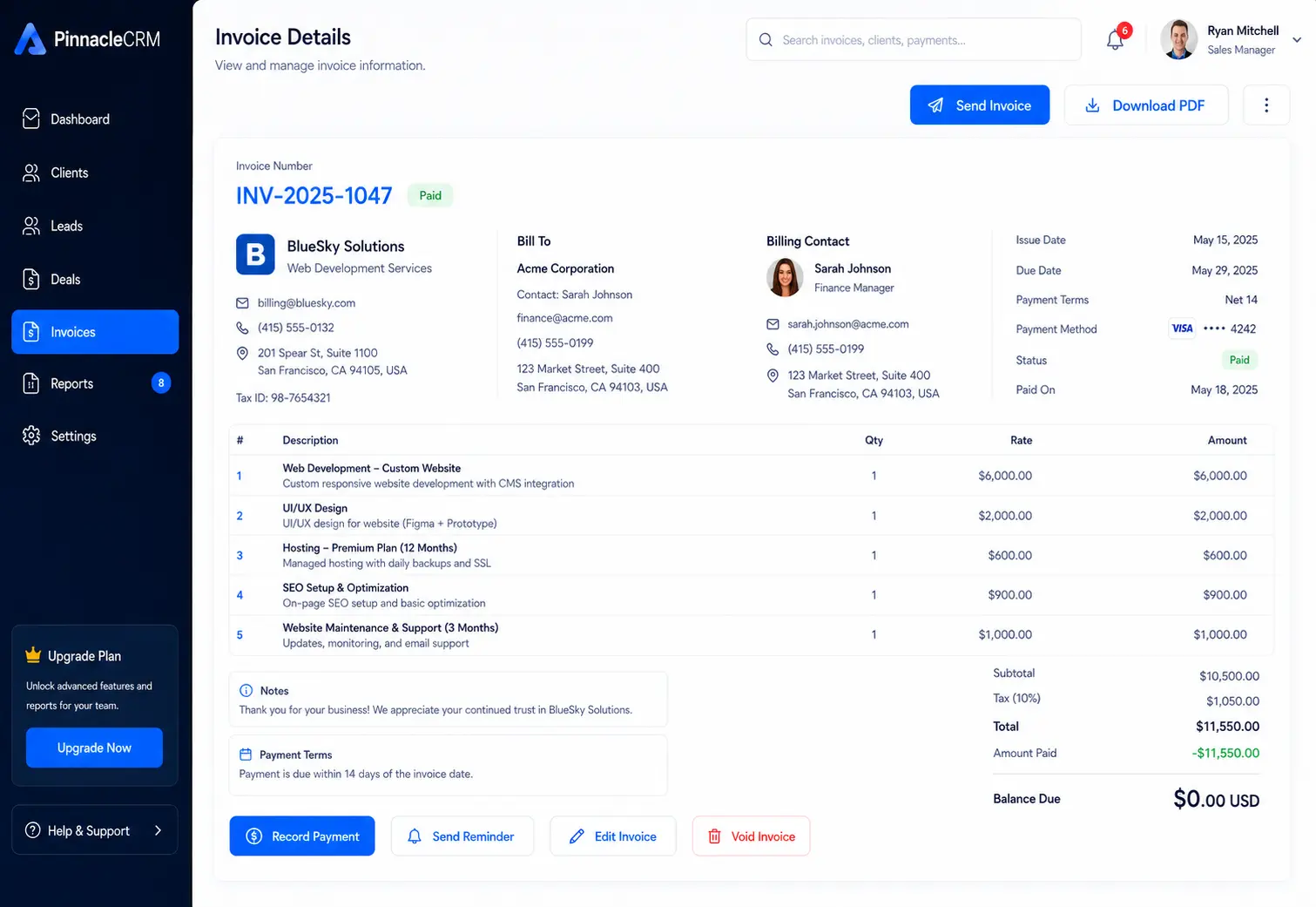 Record detail showing account, authority, quotation upload, status, payment status and remarks