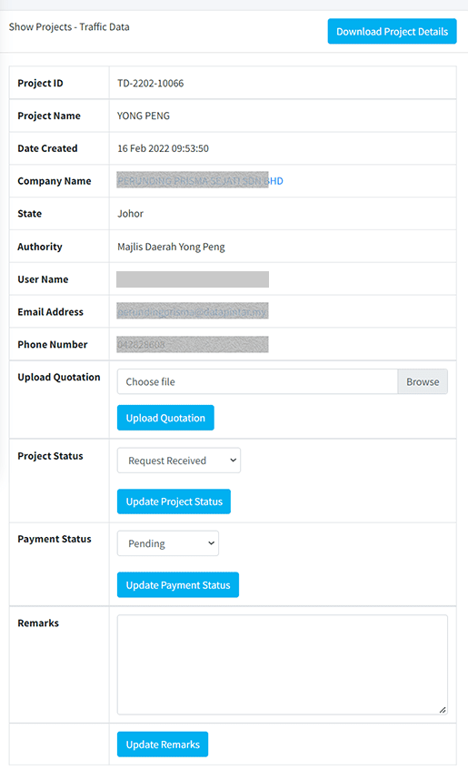 Record detail with account information, quotation upload, status controls and remarks