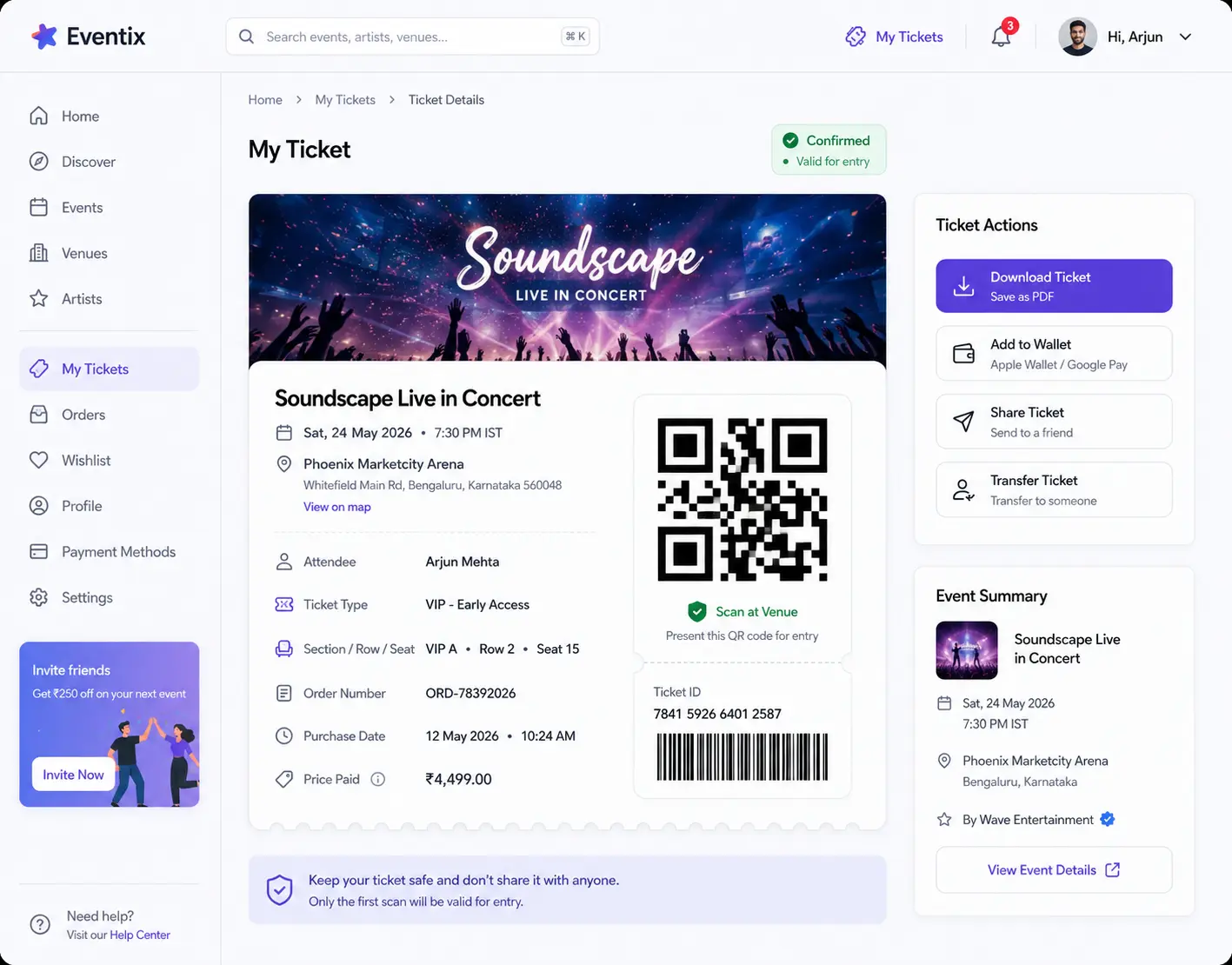 Event discovery screen with search by city and category, from a ticketing platform built by UNO