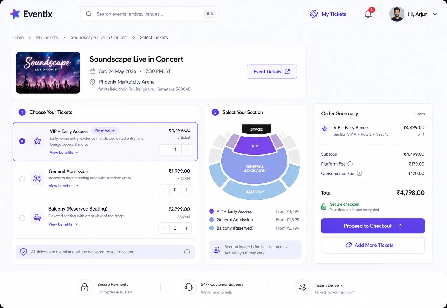 Ticket selection panel with date picker, group, slot, ticket category and total price