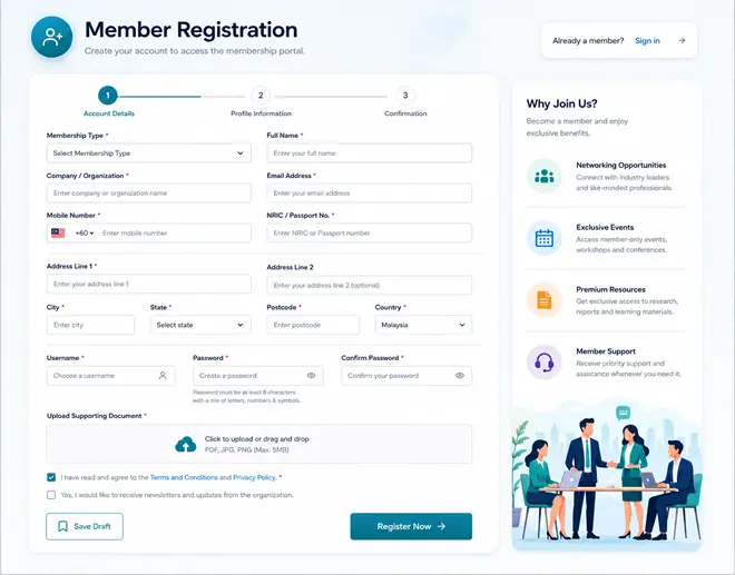 Membership application and renewal screen from a member portal built by UNO